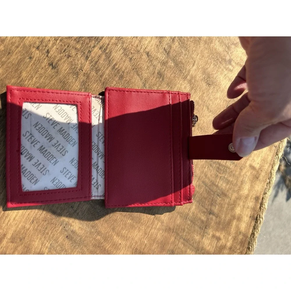 Steve Madden Red RFID Mini Wallet Card Holder Zip Coin Pocket ID Window